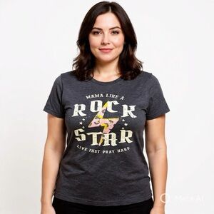 Mama Like a Rockstar Live Fast Pray Hard Graphic Tee Blue Sz L